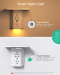 Wall Outlet Extender with Shelf and Night Light, Surge Protector, Wall Mount Charger Multi Plug Expander with 5 AC Outlets and 3 USB A Ports 1 USB C, Wide Space 3-Sided Power Strip Multi Plug Outlets
