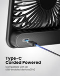 Koonie USB Desk Fan, Strong Wind Ultra Quiet Small Personal Fan with 180° Tilt Folding and 3 Speeds Adjustable, USB-C Corded Powered Mini USB Fan for Office Desktop Bedroom, NO BATTERY