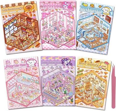 DIY 3D Sticker Scenes for Girls, 6 Sets Make Your Own Mini Room Scene Stickers for Kids, Cute Kawaii Scene Stickers, Therapy Stickers for Stress Relief, Holiday Christmas Activity