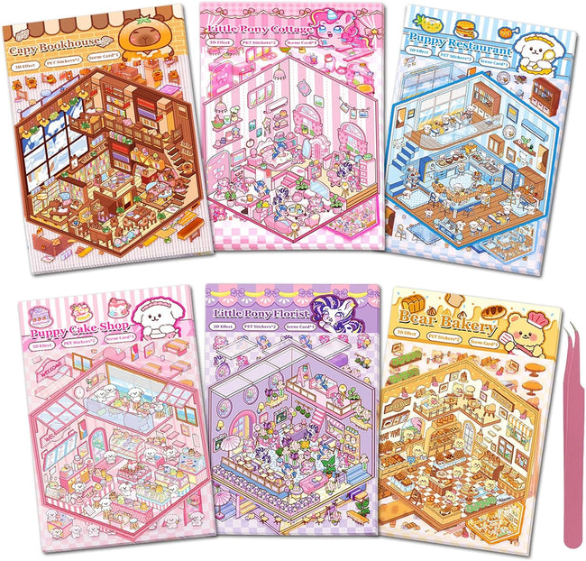 DIY 3D Sticker Scenes for Girls, 6 Sets Make Your Own Mini Room Scene Stickers for Kids, Cute Kawaii Scene Stickers, Therapy Stickers for Stress Relief, Holiday Christmas Activity
