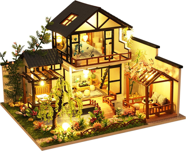 OZJAY DIY Miniature House Kit, Tiny House Kit with LED, DIY Wooden Dollhouse Miniature Kit for Adults Teen, Wooden Crafts Lovely Dollhouse Kit, Bamboo Stream Garden