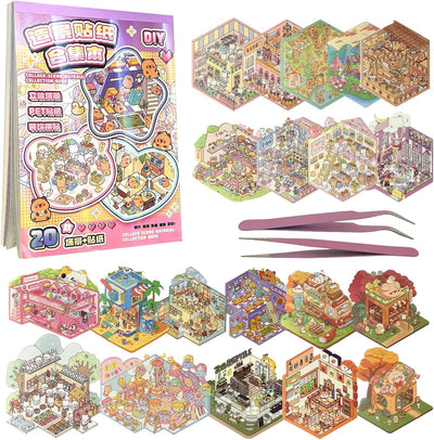 Fieoriia 3D Sticker Book Scene, 20 Sets DIY Miniature World Craft Kit, Art Therapy Activity for Adults, Kids, Family Fun