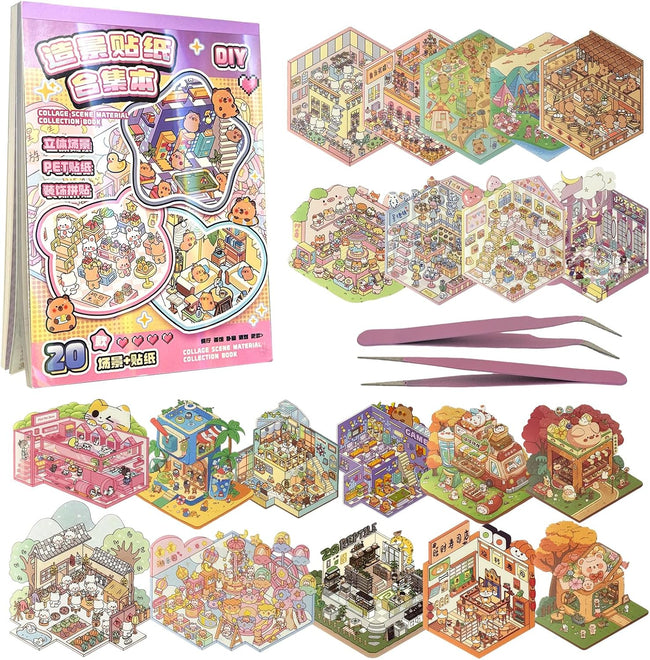 Fieoriia 3D Sticker Book Scene, 20 Sets DIY Miniature World Craft Kit, Art Therapy Activity for Adults, Kids, Family Fun