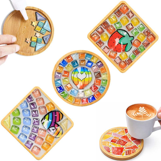GHAHILI 3 Sets DIY Glass Mosaic Tiles for Crafts with Wooden Coasters Mosaic Kits for Adults Women Mosaic Art Kits Craft Mixed Color Handmade Making Kit Set Decorations for Home Gifts