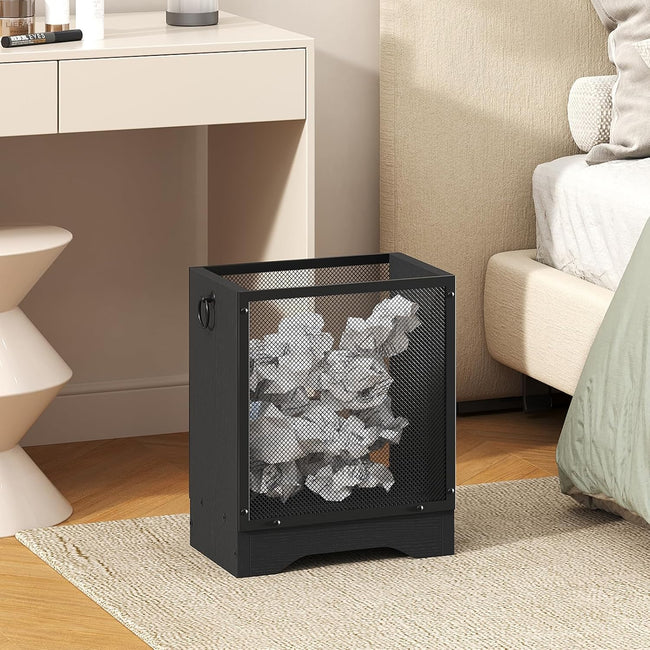 HOOBRO Industrial Trash Can, 4.5 Gallon Metal Mesh Waste Basket with Wooden Base, Small Garbage Can for Office, Bedroom, Under Desk, Black, BB06LJ01