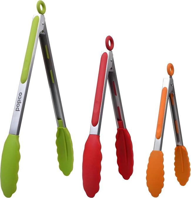 Popco 3 Piece Kitchen Tongs Set 7, 9, 12 Inch - Stainless Steel Nonstick Tongs with Silicone Tips - Heat Resistant and Dishwasher Safe for Cooking, Grilling, Salad, and Everyday Serving