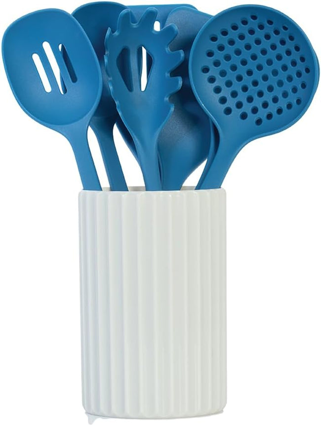 Glad Kitchen Utensils Set, 8pcs - Nonstick Cooking Tools with Utensil Holder - Nylon Spoon, Ladle, Skimmer, Spaghetti Server, and Turner Spatula Set - Dishwasher Safe, Blue