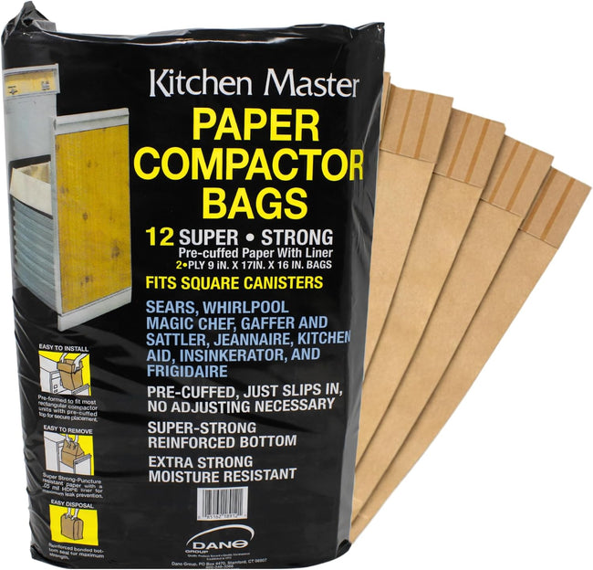 Kitchen Master Super Strong Compactor Bags (12 Pack) | Precuffed, Garbage Compactor Bags, Kitchen Liner, Paper Trash Bin Press, Kitchen Essential, Paper Garbage Press Liner