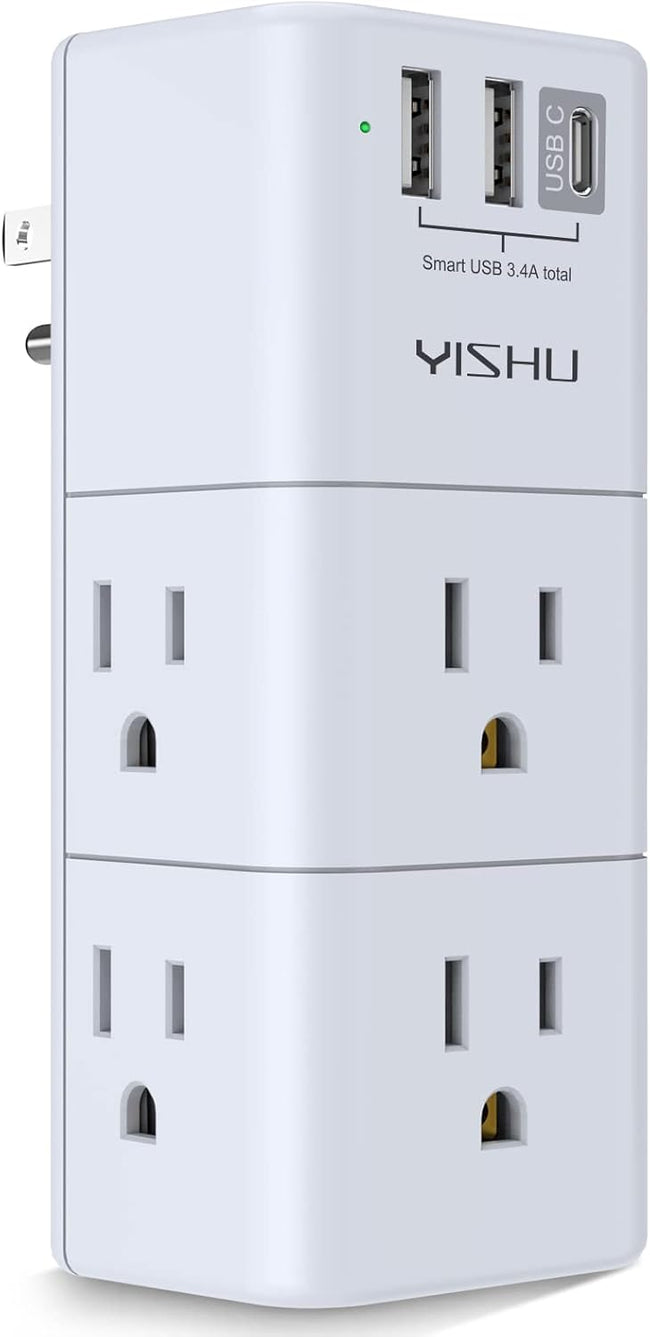 USB Multi Plug Outlet Extender - YISHU Surge Protector with Rotating Plug, 6 AC Plug Extender with 3 USB Ports, 3-Sided Swivel Power Strip Best Ideal Stocking Stuffers for Adults