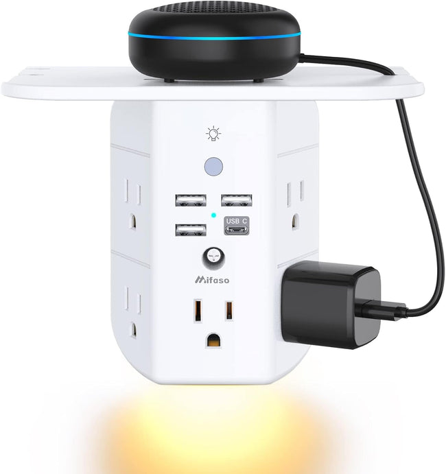 Wall Outlet Extender with Shelf and Night Light, Surge Protector, Wall Mount Charger Multi Plug Expander with 5 AC Outlets and 3 USB A Ports 1 USB C, Wide Space 3-Sided Power Strip Multi Plug Outlets