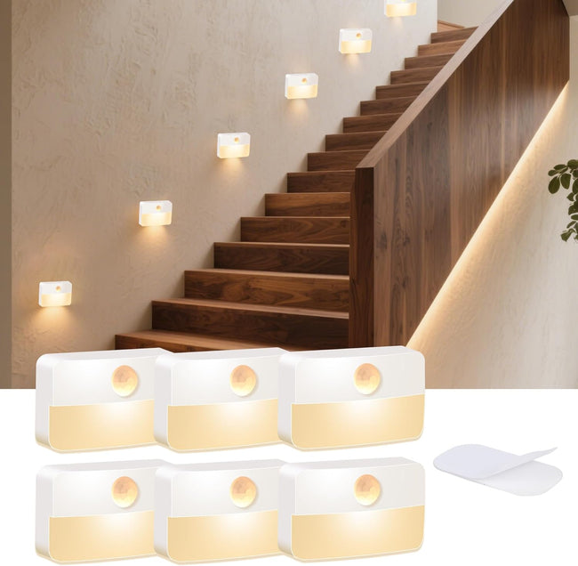 DJBoomy Motion Sensor Night Light for Indoor: 6 Pack Battery Operated Stair Lights LED 3000k Step Lights - Motion Sensor Lamp for Cabinet Closet Hallway Bedroom Stairs (Battery Powered)
