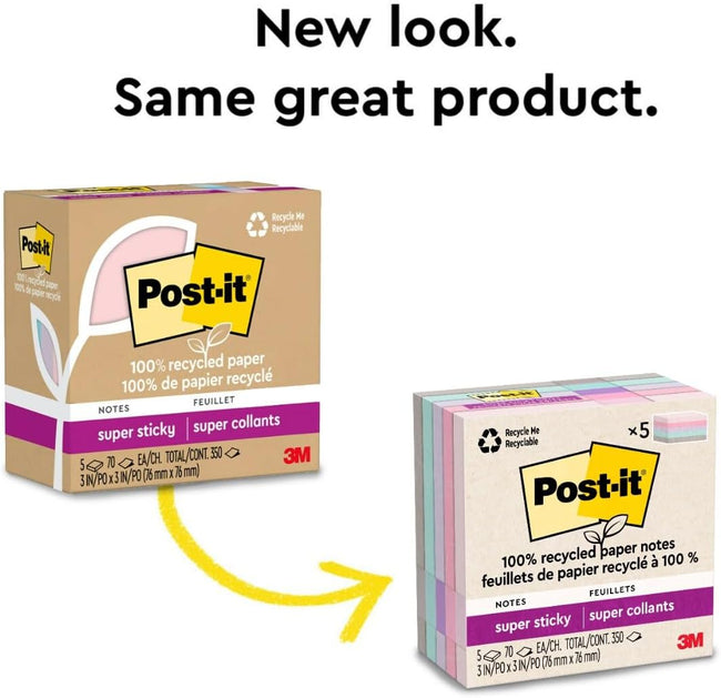 Post-it 100% Recycled Paper Super Sticky Notes, 3 in. x 3 in., 5 Pads, 70 Sheets per Pad, Wanderlust Pastels, School Supplies and Office Products