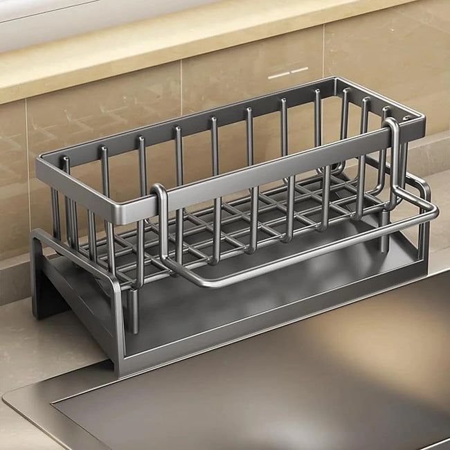 Stainless Steel Kitchen Sink Caddy with Detachable Dishcloth Rack for Kitchen Countertop Organizer(Gray)