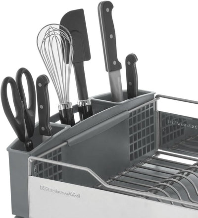 KitchenAid Large Capacity Full Size Rust Resistant Dish Rack with Angled Drain Board and Removable Flatware Caddy, Light Grey