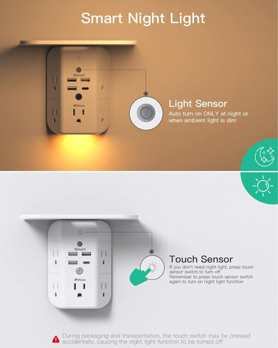 Wall Outlet Extender with Shelf and Night Light, Surge Protector, Wall Mount Charger Multi Plug Expander with 5 AC Outlets and 3 USB A Ports 1 USB C, Wide Space 3-Sided Power Strip Multi Plug Outlets