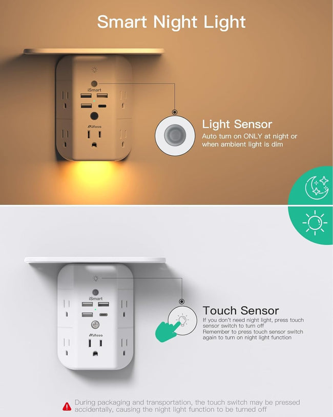 Wall Outlet Extender with Shelf and Night Light, Surge Protector, Wall Mount Charger Multi Plug Expander with 5 AC Outlets and 3 USB A Ports 1 USB C, Wide Space 3-Sided Power Strip Multi Plug Outlets