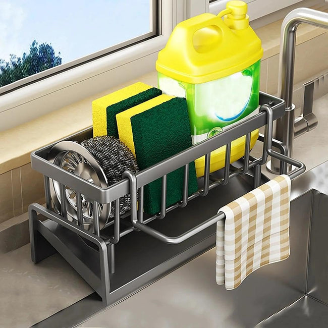 Stainless Steel Kitchen Sink Caddy with Detachable Dishcloth Rack for Kitchen Countertop Organizer(Gray)