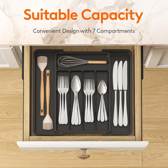 Lifewit Expandable Silverware Organizer, Plastic Utensil Tray for Kitchen Drawer, BPA Free Flatware Cutlery Holder, Space-Saving Storage for Spoons Forks Knives, 8.5-14 x 12 x 1.5 inch, Black