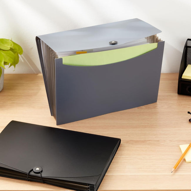 Amazon Basics Expanding Organizer File Folder for Documents, Letter Size, 13 Pockets, Waterproof, Black & Gray, 2-Pack