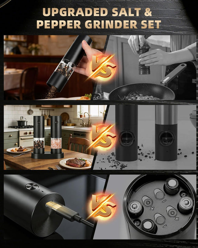 Electric Salt and Pepper Grinder Set Rechargeable, Automatic Salt and Pepper Shakers Mill Refillable, One Hand Operation Adjustable Coarseness, Kitchen Gadgets, House Warming Gifts New Home