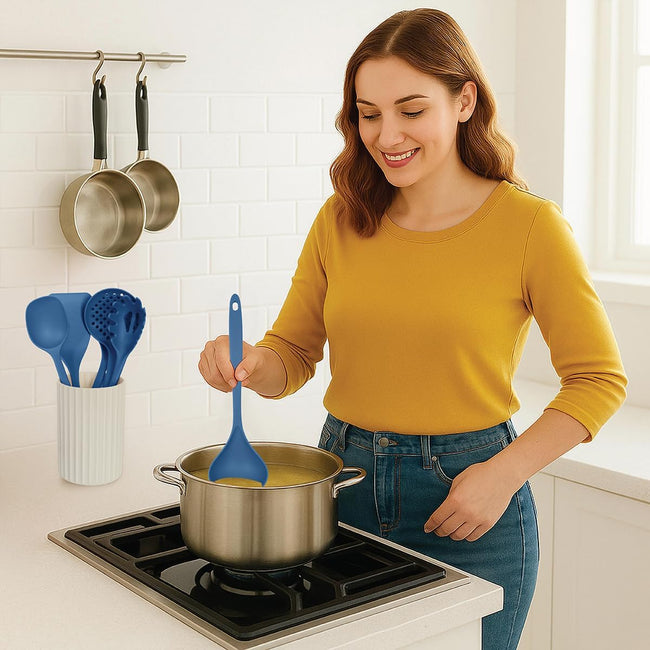 Glad Kitchen Utensils Set, 8pcs - Nonstick Cooking Tools with Utensil Holder - Nylon Spoon, Ladle, Skimmer, Spaghetti Server, and Turner Spatula Set - Dishwasher Safe, Blue