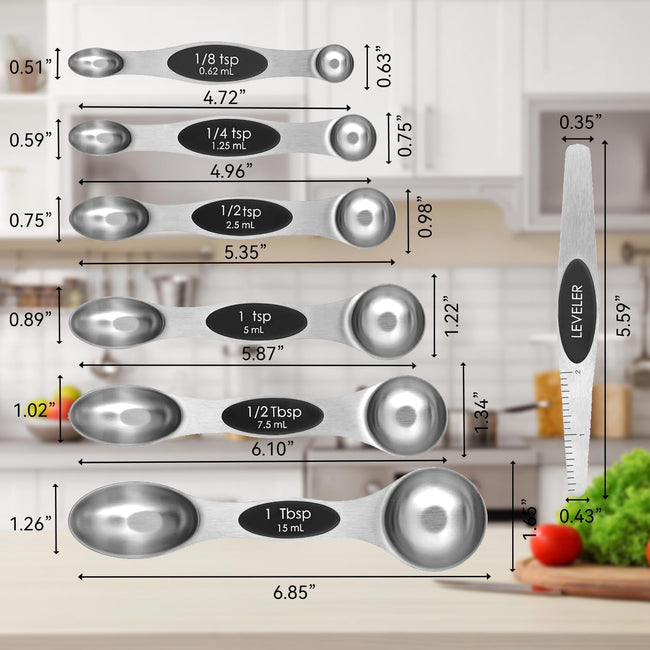 Magnetic Measuring Spoons Set with Strong N45 Magnets, Heavy Duty Stainless Steel Metal, Fits in Most Kitchen Spice Jars for Baking & Cooking, BPA Free, Set of 7 with Leveler, Black