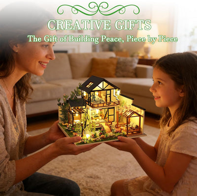 OZJAY DIY Miniature House Kit, Tiny House Kit with LED, DIY Wooden Dollhouse Miniature Kit for Adults Teen, Wooden Crafts Lovely Dollhouse Kit, Bamboo Stream Garden