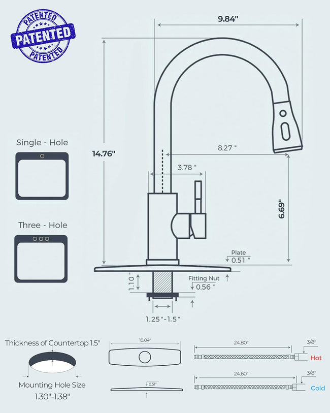 FORIOUS Black Kitchen Faucet with Pull Down Sprayer, High Arc Single Handle Classic Stainless Steel Sink Faucet 1 or 3 Hole, Suitable for Farmhouse Camper Laundry Rv Bar