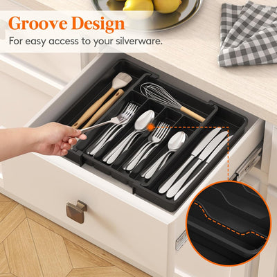Lifewit Expandable Silverware Organizer, Plastic Utensil Tray for Kitchen Drawer, BPA Free Flatware Cutlery Holder, Space-Saving Storage for Spoons Forks Knives, 8.5-14 x 12 x 1.5 inch, Black