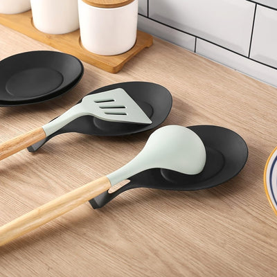 5-sets Silicone Spoon Rest Heat-Resistant Kitchen Utensil Holder Easy-to-Clean TPE Spoon Pad Multi-Use Snack Dish Fruit Plate 5pcs Black 1
