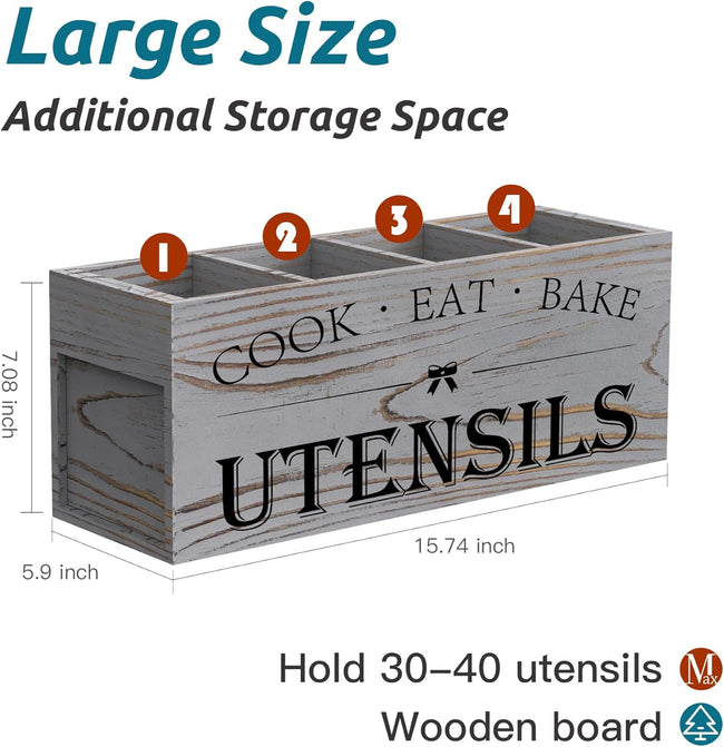 Suli Extra Large Kitchen Utensils Holder with 4 Compartments, Wooden Utensil Organizer for Kitchen Countertop, Farmhouse Decor, Rustic Cooking Utensil - Grey grain