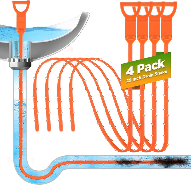 Forlivese 4 Pack 25 Inch Drain Snake,Drain Clog Remover,Sink Snake for Sewer Kitchen Sink Bathroom Tub Toilet Clogged Drains Relief Cleaning Tool