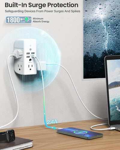 Wall Outlet Extender with Shelf and Night Light, Surge Protector, Wall Mount Charger Multi Plug Expander with 5 AC Outlets and 3 USB A Ports 1 USB C, Wide Space 3-Sided Power Strip Multi Plug Outlets