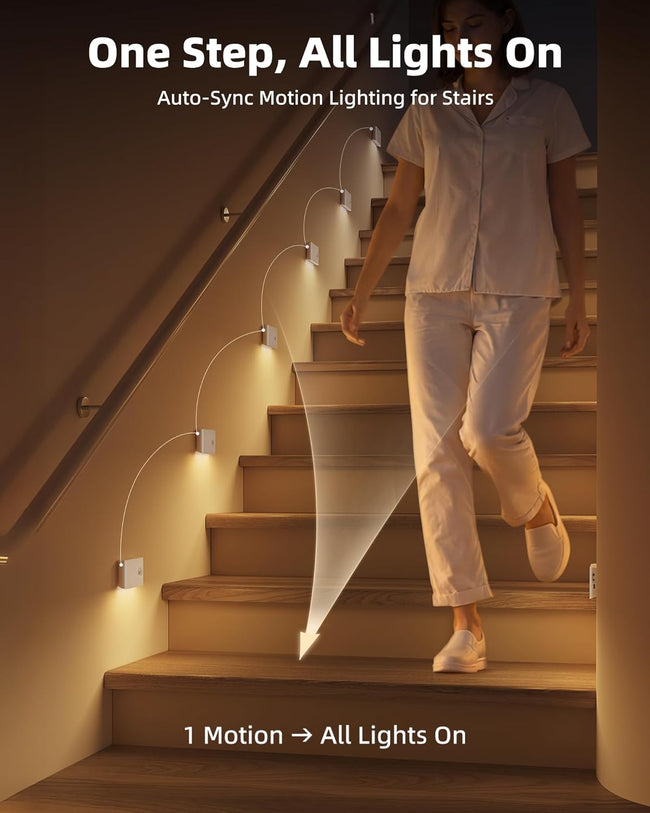 EZVALO 6 Pack Motion Sensor Night Lights, Sync LED Stair Lights Indoor, 1500mAh Rechargeable, Magnetic & Dimmable, 3000K Soft White, Portable Nightlight for Hallway, Stairs, Bathroom, Bedroom