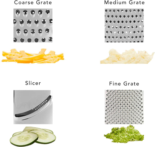 KitchenAid Gourmet 4-Sided Stainless Steel Box Grater for Fine, Medium and Coarse Grate, and Slicing, Detachable 3 Cup Storage Container and Measurment Markings, Dishwasher Safe, 10 inches tall, Black