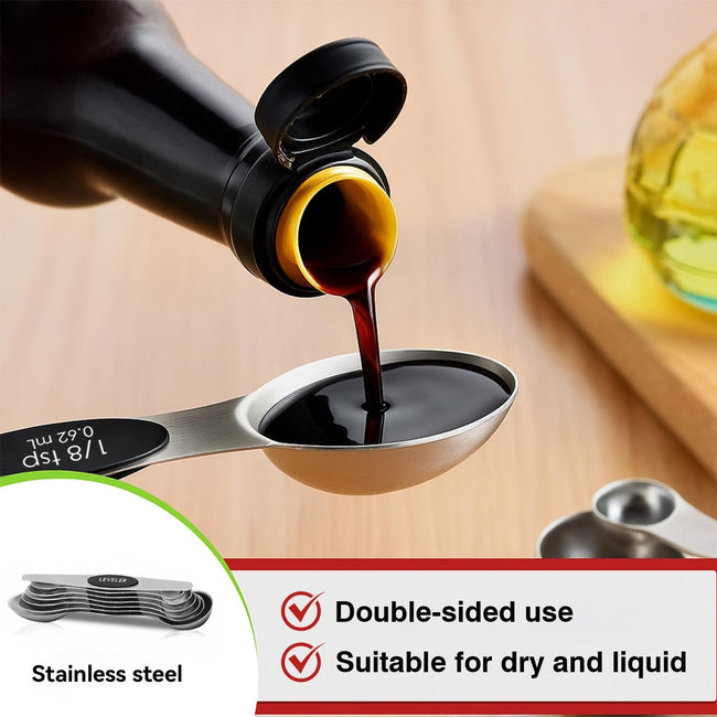 Magnetic Measuring Spoons Set with Strong N45 Magnets, Heavy Duty Stainless Steel Metal, Fits in Most Kitchen Spice Jars for Baking & Cooking, BPA Free, Set of 7 with Leveler, Black