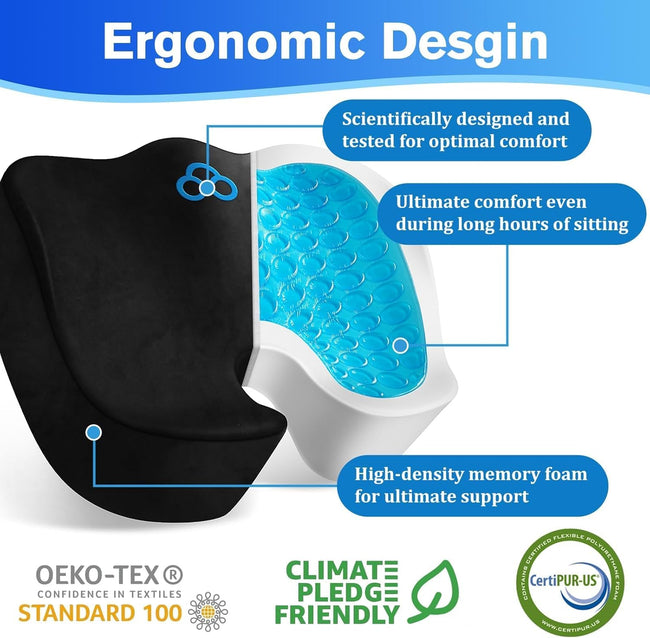 CushyOasis Seat Cushion, Gel Chair Cushions, Office Chair Cushions, Anti-Slip Bottom & Removable Cover Tailbone Pain Relief Cushion, Memory Foam Seat Cushion for Office, Wheelchair, Car (Black)