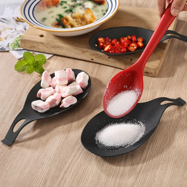 5-sets Silicone Spoon Rest Heat-Resistant Kitchen Utensil Holder Easy-to-Clean TPE Spoon Pad Multi-Use Snack Dish Fruit Plate 5pcs Black 1