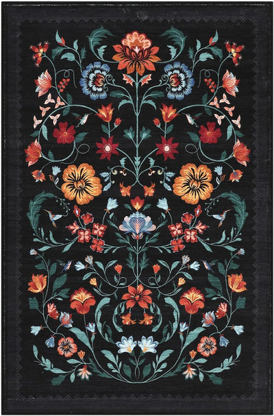 Floral Rug for Entryway 2x3 Rugs Machine Washable Boho Small Area Rug Non-Slip Low-Pile Front Door Soft Mat for Entrance, Bedroom, Kitchen, Laundry, Bathroom, Black