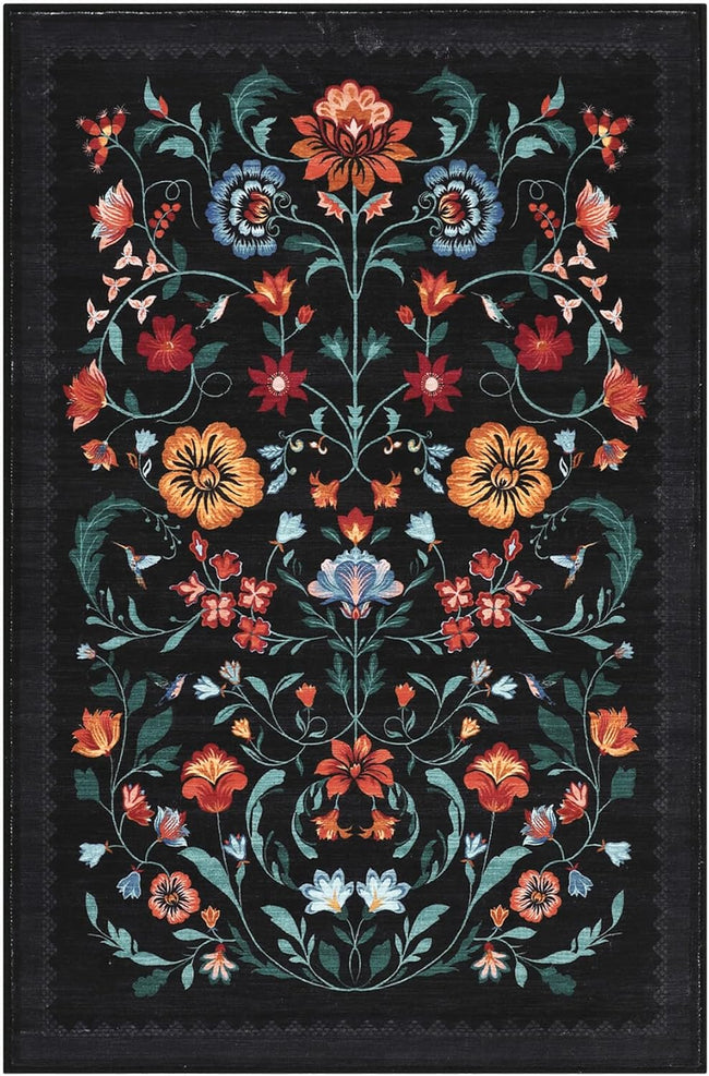 Floral Rug for Entryway 2x3 Rugs Machine Washable Boho Small Area Rug Non-Slip Low-Pile Front Door Soft Mat for Entrance, Bedroom, Kitchen, Laundry, Bathroom, Black