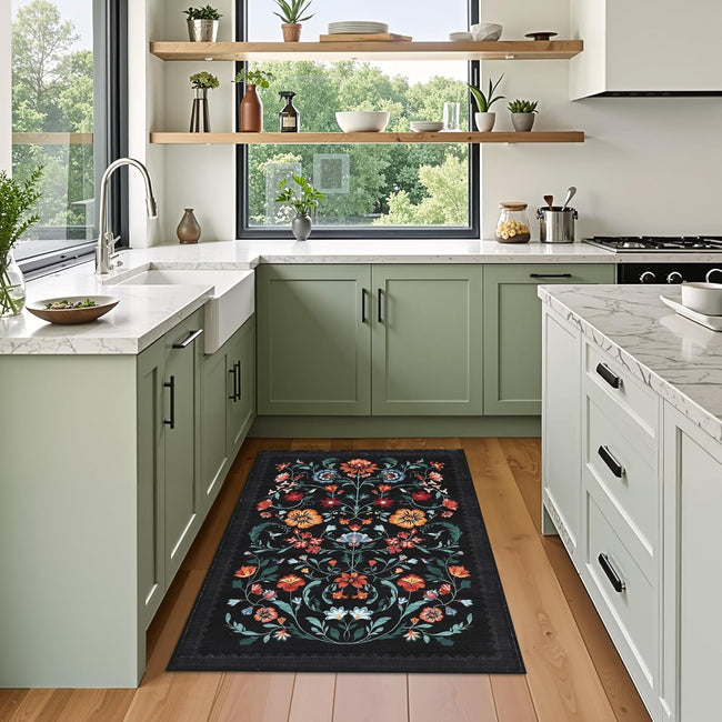 Floral Rug for Entryway 2x3 Rugs Machine Washable Boho Small Area Rug Non-Slip Low-Pile Front Door Soft Mat for Entrance, Bedroom, Kitchen, Laundry, Bathroom, Black