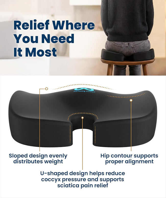 Everlasting Comfort Doctor Recommended Memory Foam Seat Cushion for Office Chairs & Car - Ergonomic Office Desk Accessories - Cushions for Tailbone Pain Relief, Sciatica (Black, Large)