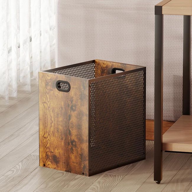Retro Office Trash Can, Iron and Wood Combination Bedroom Garbage Can, Rectangular Design Wastebasket with Handle, Industrial Style Trash Can for Home Office, 11.02" X 7.87" X 11.81" 4.5 Gallon (2)