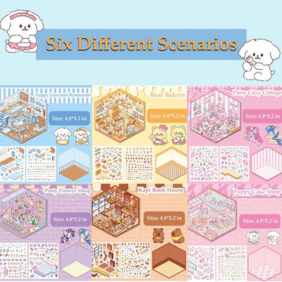 DIY 3D Sticker Scenes for Girls, 6 Sets Make Your Own Mini Room Scene Stickers for Kids, Cute Kawaii Scene Stickers, Therapy Stickers for Stress Relief, Holiday Christmas Activity