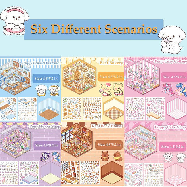 DIY 3D Sticker Scenes for Girls, 6 Sets Make Your Own Mini Room Scene Stickers for Kids, Cute Kawaii Scene Stickers, Therapy Stickers for Stress Relief, Holiday Christmas Activity