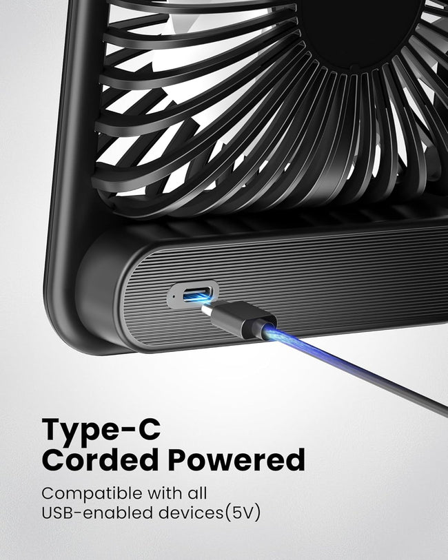 Koonie USB Desk Fan, Strong Wind Ultra Quiet Small Personal Fan with 180° Tilt Folding and 3 Speeds Adjustable, USB-C Corded Powered Mini USB Fan for Office Desktop Bedroom, NO BATTERY