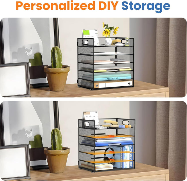 Daltack 6 Tier Paper Organizer for Desk, Paper Letter Tray Organizer for Desks, Mesh Desk File Organizers with Handle for Office, Home, School, Classroom, Black