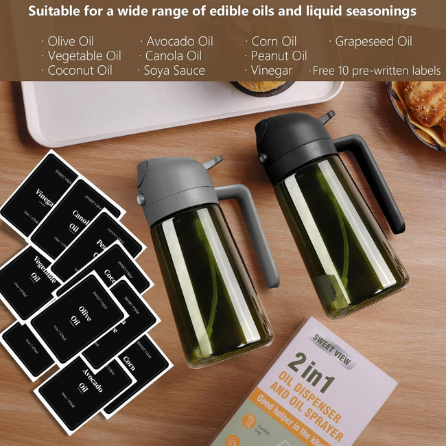 SWEET VIEW - Olive Oil Sprayer for Cooking, 16oz/470ml Glass Light-Proof Oil Pourer for Kitchen with Stickers for Air Fryer, Cooking, Salad, and BBQ with Stickers