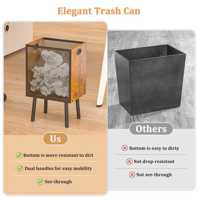 Yuyetuyo 4.5 Gallon Office Trash Can for Near Desk, Wood Bedroom Trashcan Rectangular Wastebasket with Mesh - Handles - Leg, Small Garbage Can Trash Bin for Office Bedroom Living Room Bathroom Dorm