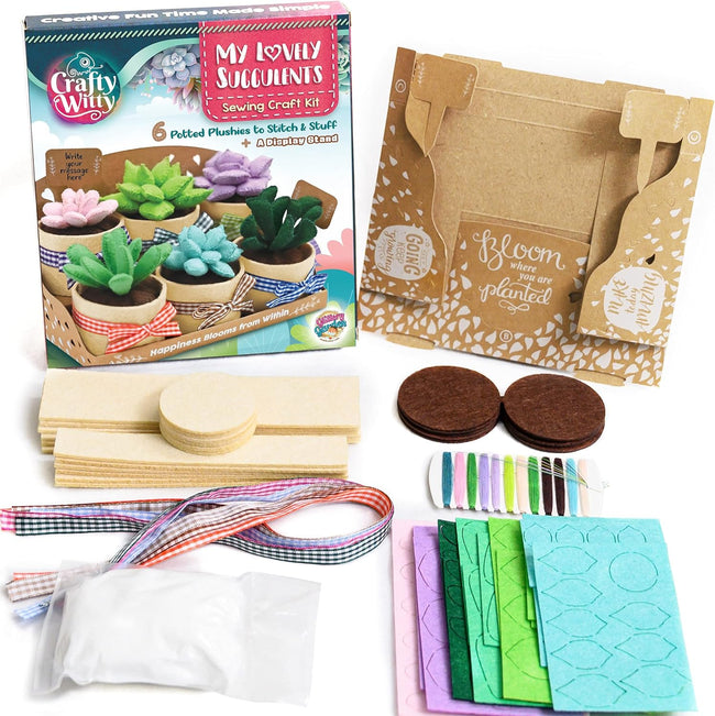 Felt Succulents Craft Kit. Make 6 Potted Colorful Plushies & A Display Rack. Mini Garden DIY Sewing Project, Activity Set, Arts & Crafts Supplies - Great Gift for Teens and Adults
